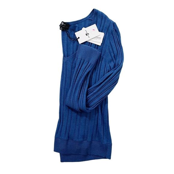 7 For All Mankind V-Neck Ribbed Long Sleeve Top Touch Of Cashmere Blue S NWT - Picture 5 of 7